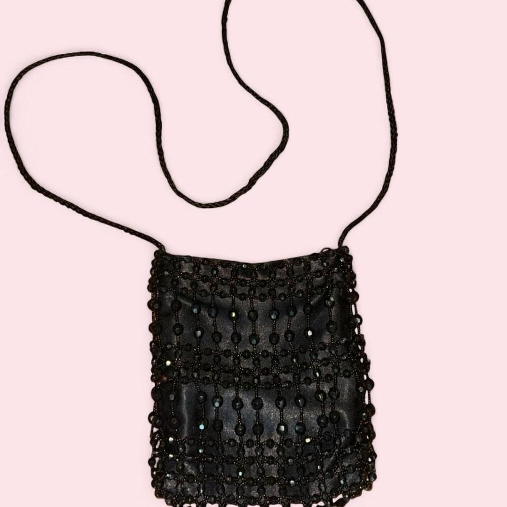 Vintage Black Beaded Micro Crossbody Bag Fringe Phone Pouch